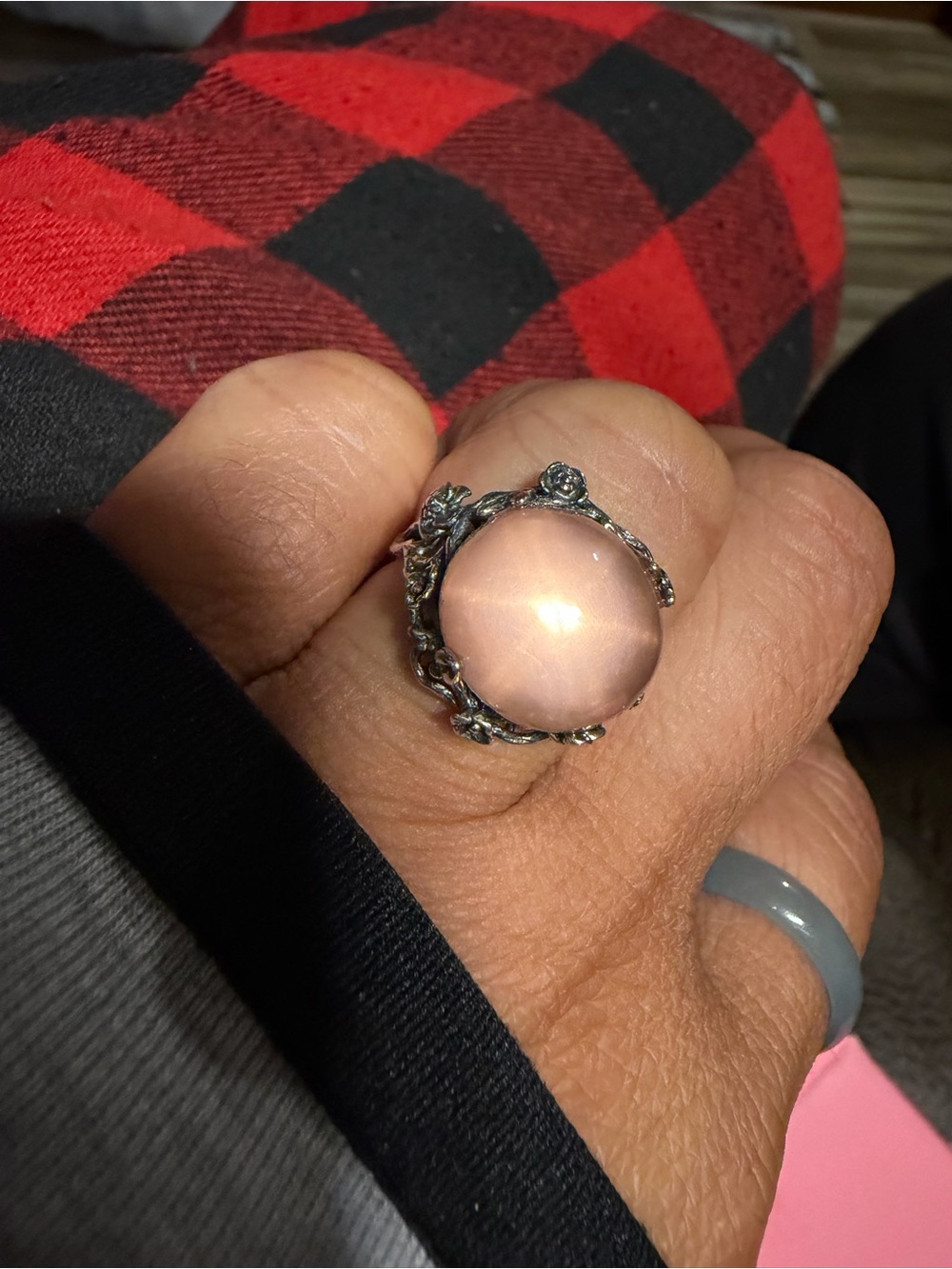 Sterling Silver Starlight Rose Quartz Statement Ring - Pink Gemstone Ring size 9